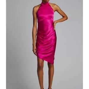 Retrofête NWT Sydney Silk Fuchsia Halter Asymmetrical Mini Dress Size L